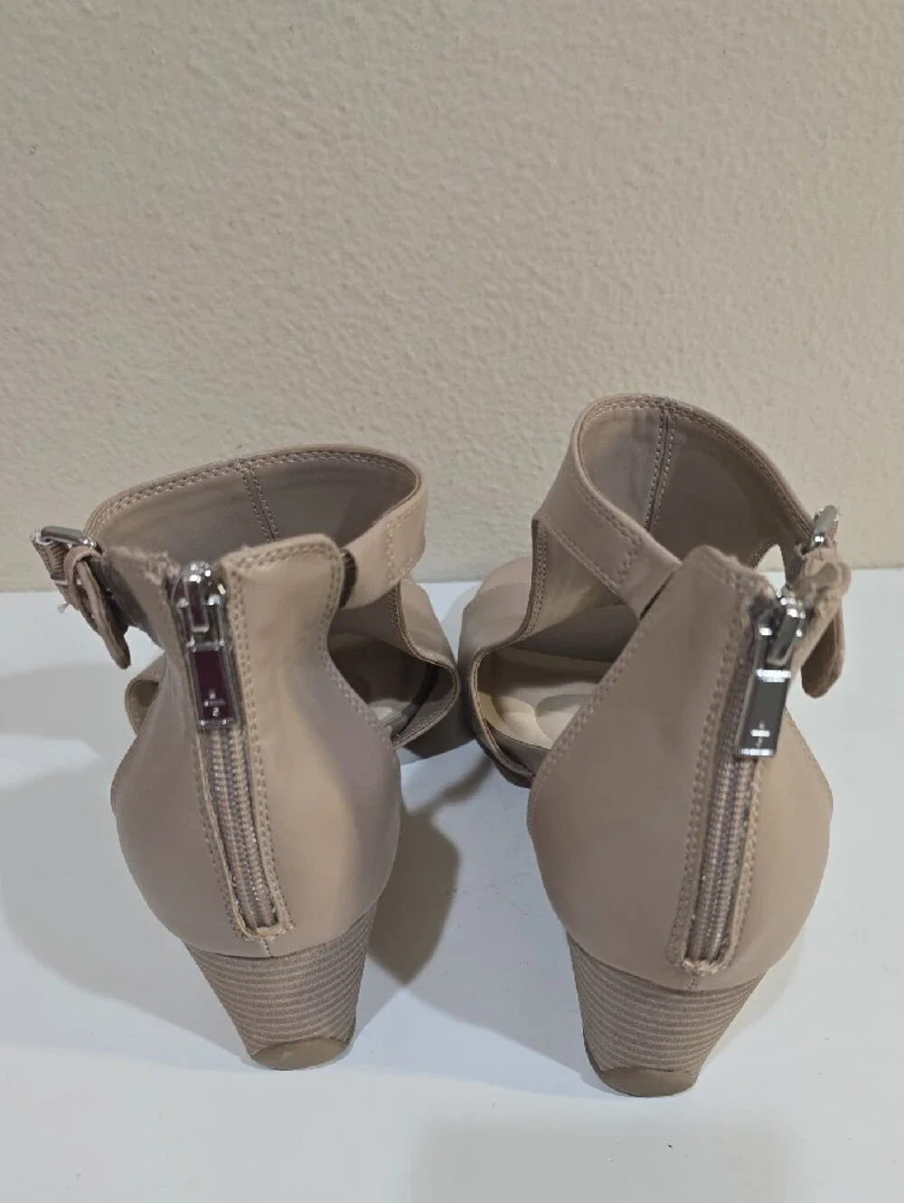 Reaction Kenneth Cole Taupe Open-Toe Ankle Strap Wedge